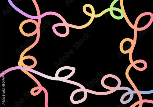 A whimsical frame of colorful, swirling lines dances against a stark black backdrop, creating a playful and eyecatching design with a modern and artistic feel