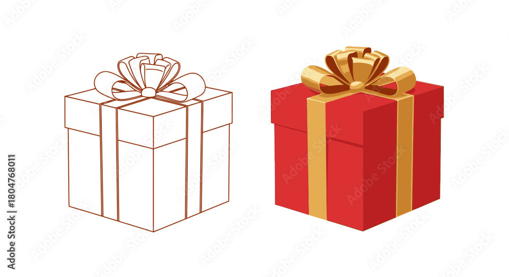 Obraz premium Festive red gift box with golden ribbon illustration, ready to color outline version included, perfect for holiday designs and joyful celebrations