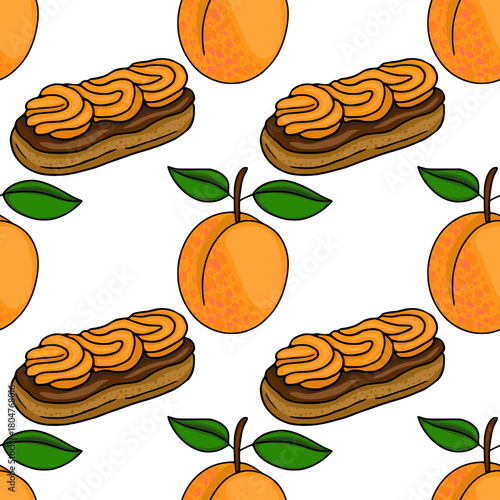 Seamless vector pattern featuring stylized apricots and chocolate eclairs with orange cream filling.