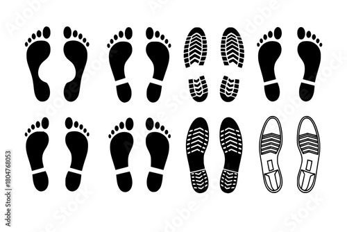 Set of human footprints icon. Foot imprint, footsteps icon collection. Human footprints silhouette. Barefoot, sneaker and shoes footstep icons
