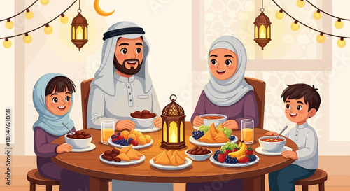 Cartoon family eating dinner and smiling at the table in the kitchen, a mother and boy enjoying food