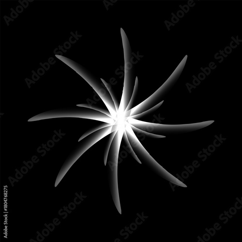 An abstract starburst design with elongated, luminous rays emanating from a central point, creating a striking and ethereal visual effect on black