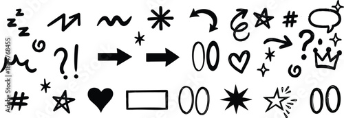 Punk cartoon doodle sticker collection with pencil rough texture. Hand drawn colorful vector tattoo illustrations. Funky black cats, rock'n'roll skulls, mystical eyes and various cute elements