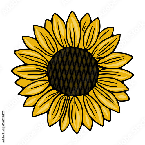 Stylized vector illustration of a single sunflower with bold black outlines and bright yellow petals, featuring a detailed dark center with a diamond pattern.