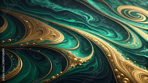 Abstract swirling patterns of rich emerald green and shimmering gold creating a luxurious and opulent fluid art texture