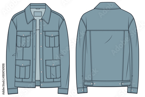 Utility Denim Jacket fashion flat sketch with patch pockets, front and back view, dusty blue, buttons, women, men, unisex CAD mockup.