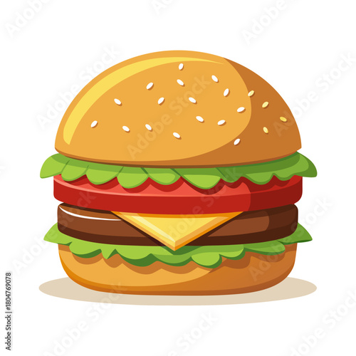 A freshly assembled beef burger with crisp lettuce, ripe tomato slices, melted cheese, and a sesame seed bun, arranged neatly on a clean white background, evenly lit with soft shadows.