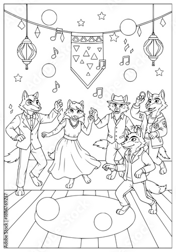 A party at the anthropomorphic wolves. coloring book