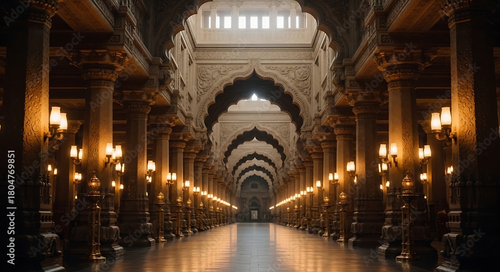 Obraz premium Grand Ornate Palace Hall with Illuminated Columns and Arched Ceilings in Warm Lighting