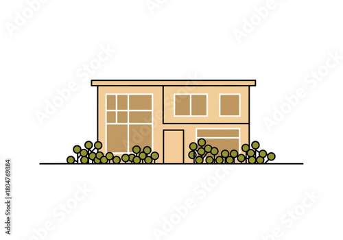 Stylized twostory modern house illustration with foreground shrubbery