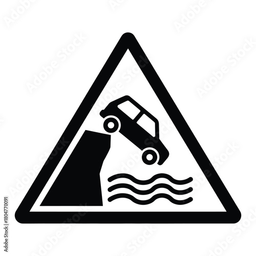 Vector road sign warning of a vehicle driving off a cliff into water creating a cautionary and potentially dangerous concept ideal for safety education and risk awareness campaigns