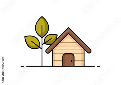 Minimalist drawing of a wooden house beside a small tree with three leaves