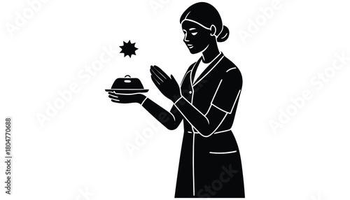 Black and white illustration of waitress serving food graphic