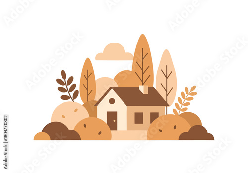 Minimalist illustration of a house surrounded by abstract autumn foliage and hills