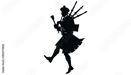 Silhouette of bagpiper playing scottish music kilt tradition