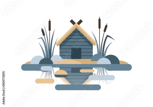 Minimalist illustration of a wooden shack reflected in water with cattails