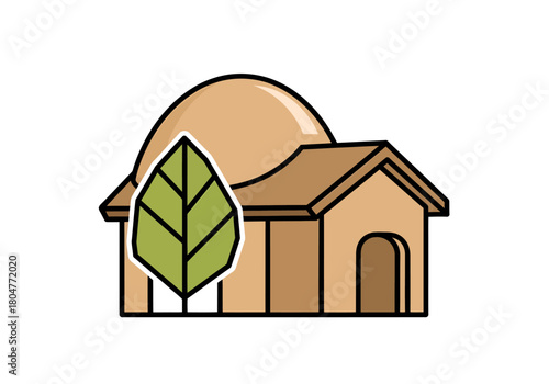 Stylized illustration of an earthen structure with a dome pitched roof and prominent green leaf