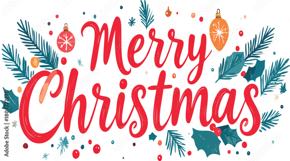 Obraz premium Merry christmas holiday greeting calligraphy with festive decorations