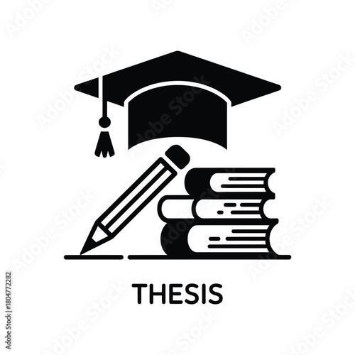 Graduation cap and books with pencil representing academic thesis