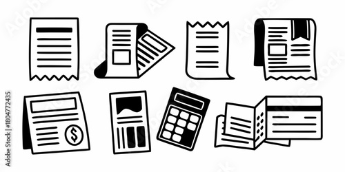 Collection of financial documents and calculator in black and white line art style illustration on transparent background