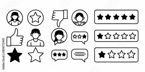 Illustration of customer feedback icons including thumbs up, stars, and profile avatars in black and white on transparent background