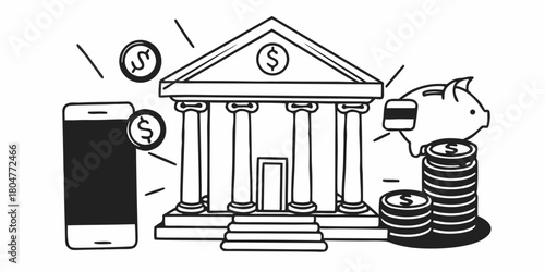 Illustration of a bank building, a smartphone, a piggy bank, and stacks of coins with dollar signs on transparent background