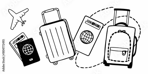 Illustration of traveling items including suitcases passports and an airplane in black and white style on transparent background