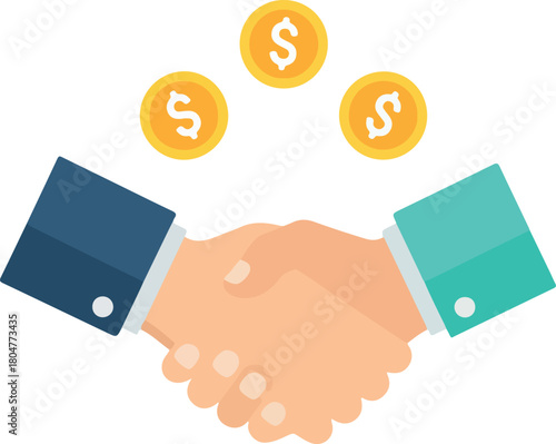 Handshake with coins above, symbolizing a business deal.