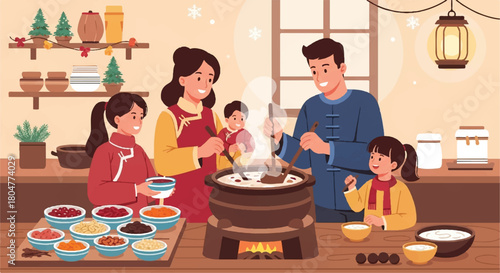 Family Cooking Laba Porridge Home Scene Vector