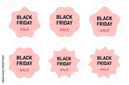Black Friday sale badge collection in soft pink color with decorative star shapes for marketing, retail and advertising design