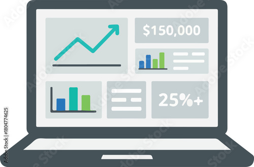 Laptop screen showing financial data, including charts, graphs, and monetary values, indicating business growth.