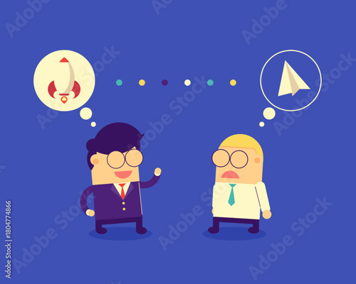 Two cartoon businessmen share different ideas: one imagines a rocket, symbolizing innovation and growth, while the other thinks of a paper plane, showing simpler or limited thinking.