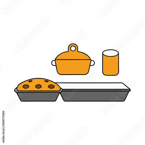 Simple illustration of a pie casserole dish and a glass on a black background