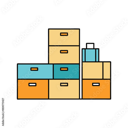 Stack of colorful storage boxes and luggage on black background