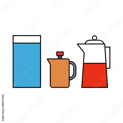 Stylized illustration of a glass a french press and a coffee pot