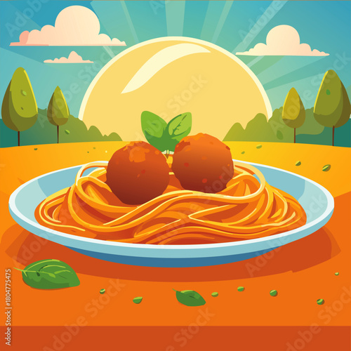 vector illustration plate of meatballs and spagetti