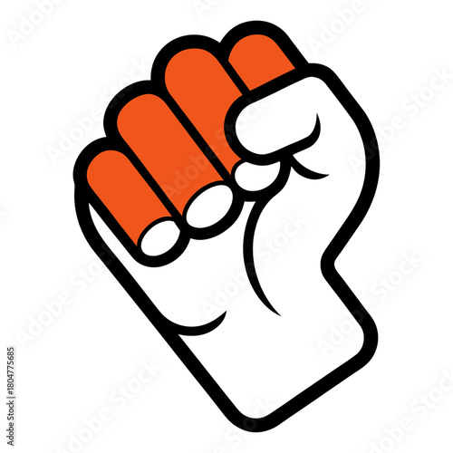 Stylized white fist with orange knuckles raised against black background
