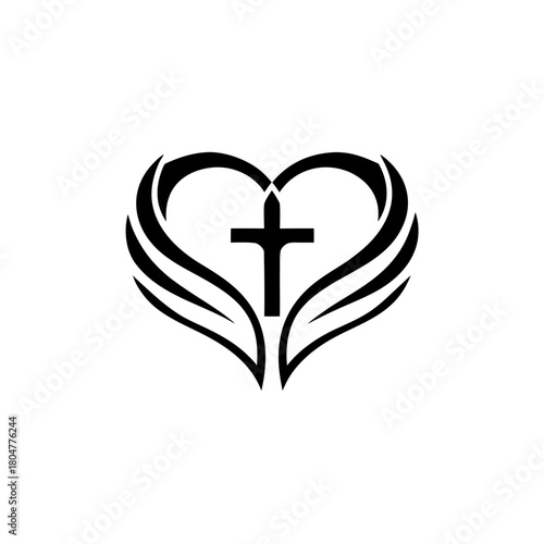 Heart with wings and a cross centered in the heart on transparent background