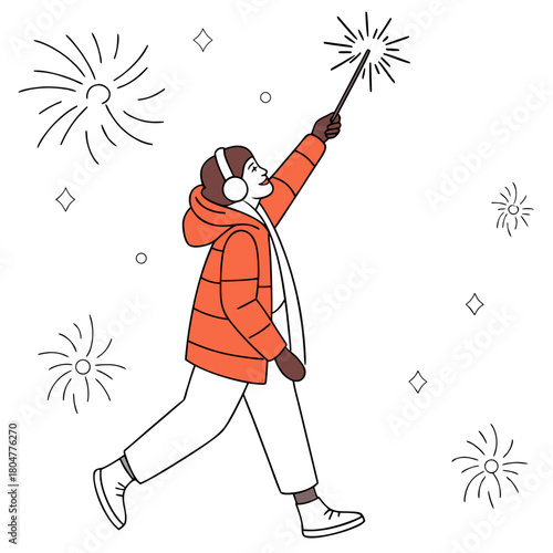 Person in orange jacket with headphones holding a pointer stick on Christmas isolated on white background