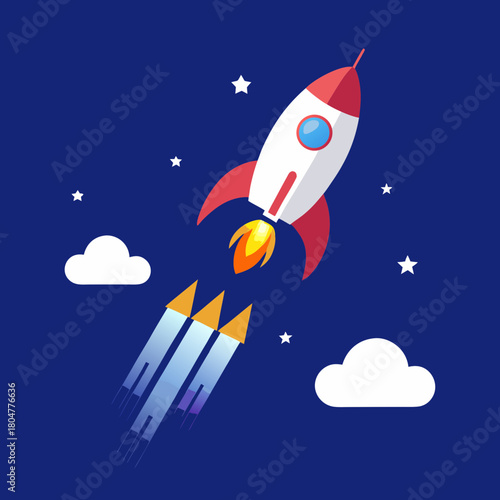 Cartoon rocket ship launching into starry night sky with clouds
