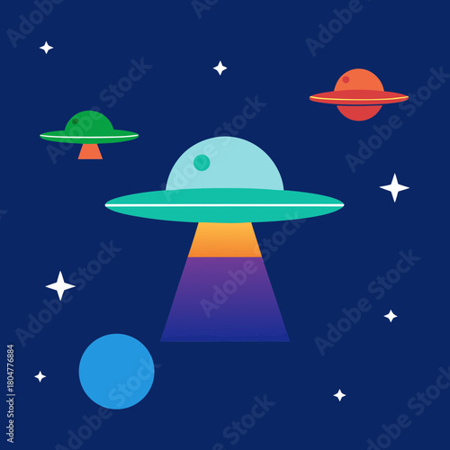 Cartoon ufos and planets in a starry night sky