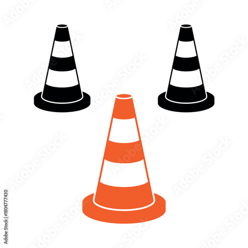 Traffic cone icon. Automobile symbol, orange plastic cone for road marking. Designation or fencing of a hazardous road section, road construction, or accident. Cone for marking boundaries or contours.