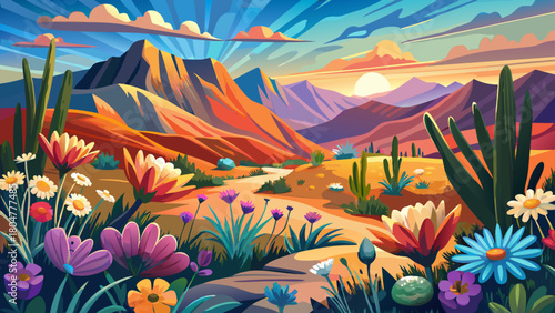 Very beautiful illustration of wild flowers blooming across the foothills of the Florida Mountains, capturing vibrant desert colors, soft sunlight, and a serene New Mexico landscape.