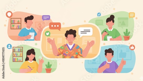 A colorful virtual mentoring scene with cartoon windows and icons showing teamwork for online education and e-learning