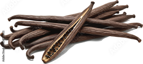 Vanilla beans arranged with one split open showing seeds on a white background