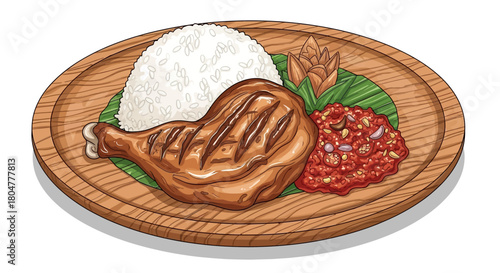 Grilled chicken leg with rice and spicy sambal on wooden plate, a delicious Indonesian dish ready to enjoy for lunch or dinner