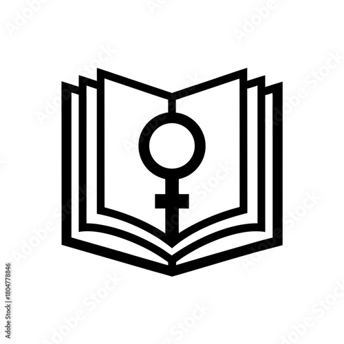 Open book with female symbol in black and white art on transparent background