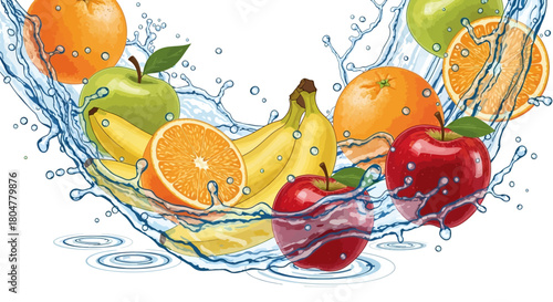 Vibrant splash of fresh fruit delivering pure refreshment, perfect for healthy eating campaigns and juice product promotions with apples, bananas, oranges