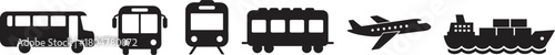Transportation silhouette, bus, tram, subway, train car, airplane, cargo ship, logistics, travel, commute, freight, vehicle, infrastructure, black icon, public transport, 