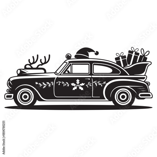 Vintage car decorated with christmas elements like antlers and santa hat carrying gift box